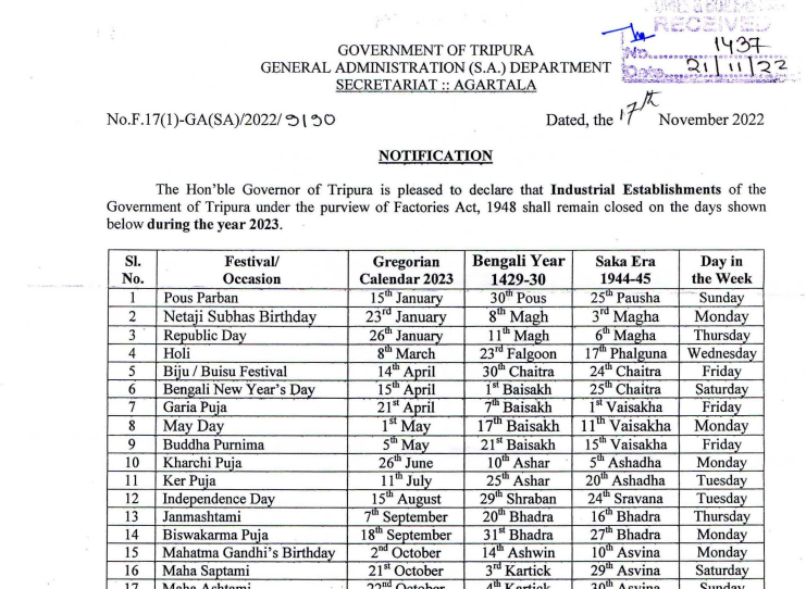 Government of Tripura declaration of public holidays for the year 2023