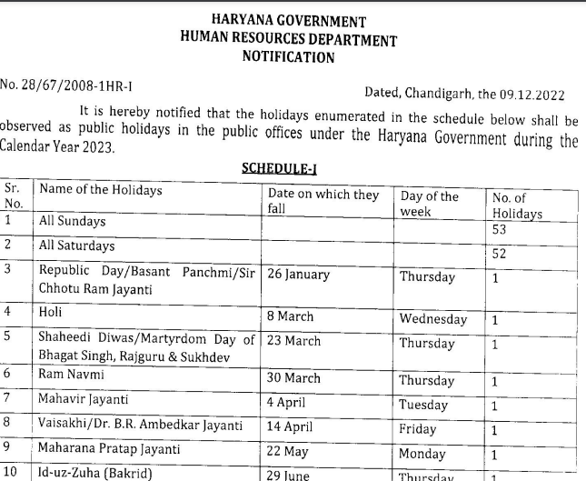 Government of Haryana declaration of public holidays for the year 2023