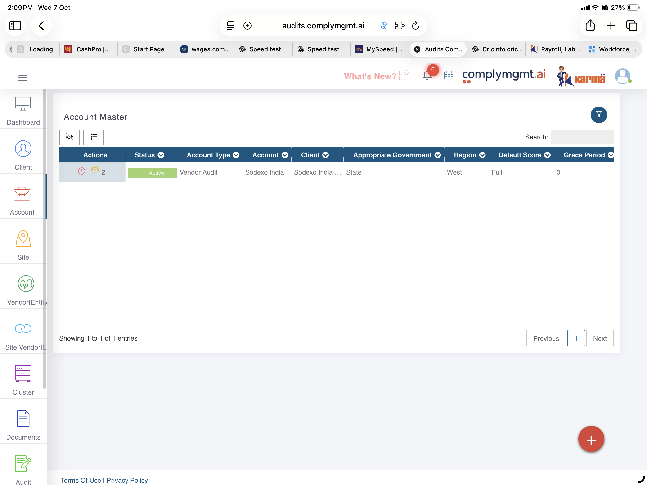 Current audit portal account master showing vendor audit account fields.