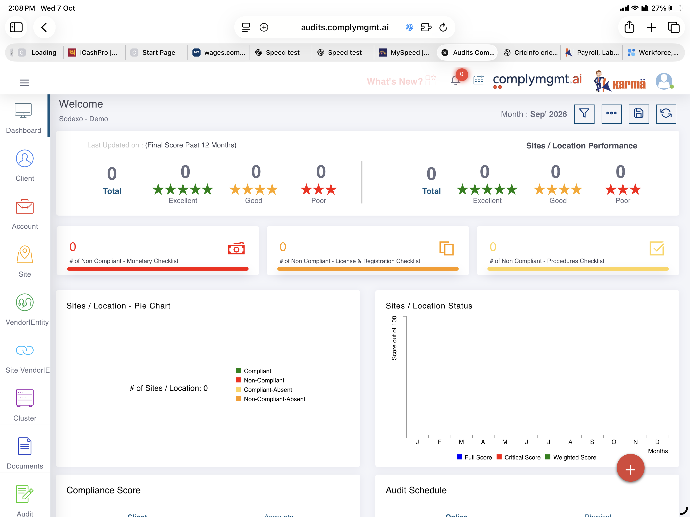 Current audit portal demonstration dashboard with compliance checklist categories and location reporting.