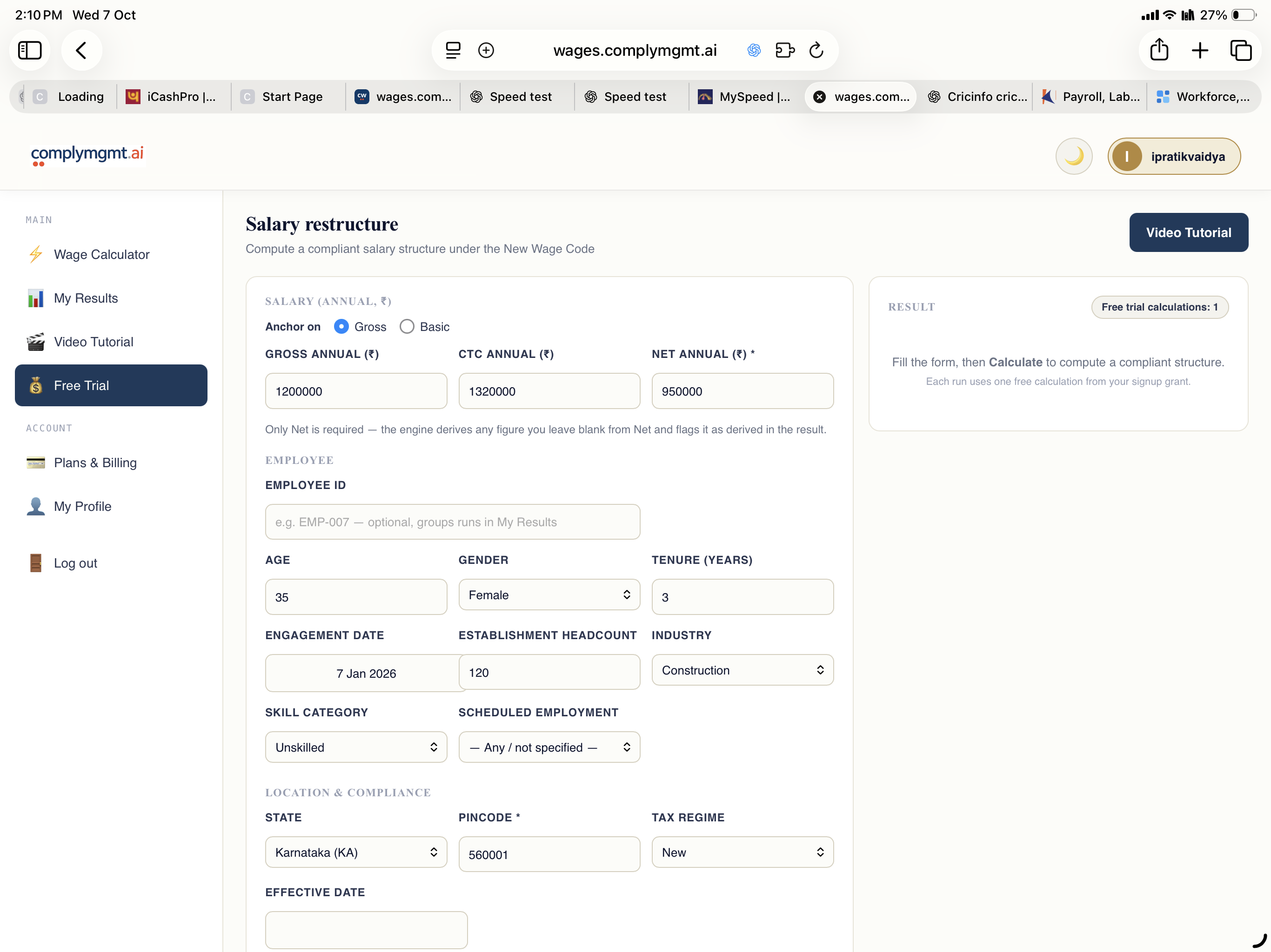 Wages portal salary restructuring form with salary, employee and location inputs.