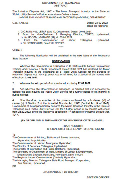 Notification regarding declaration of the Motor Transport Industry as public utility service for 6 months period under Industrial Disputes Act, 1947(dated -23.02.2022) - Govt. of Telangana.