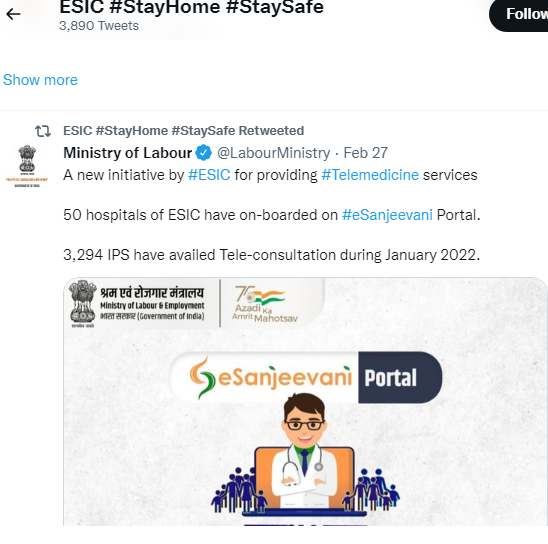 Twitter Post - ESIC circular on teleconsultation services upto 7th March 2022 for insured people