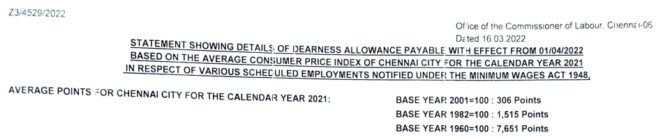 Statement Showing Details of Dearness Allowance Payable - 22nd Mar,22