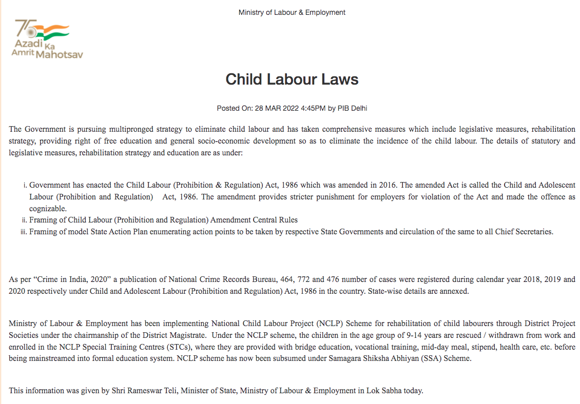 Child labour laws - Ministry of Labour & Employment