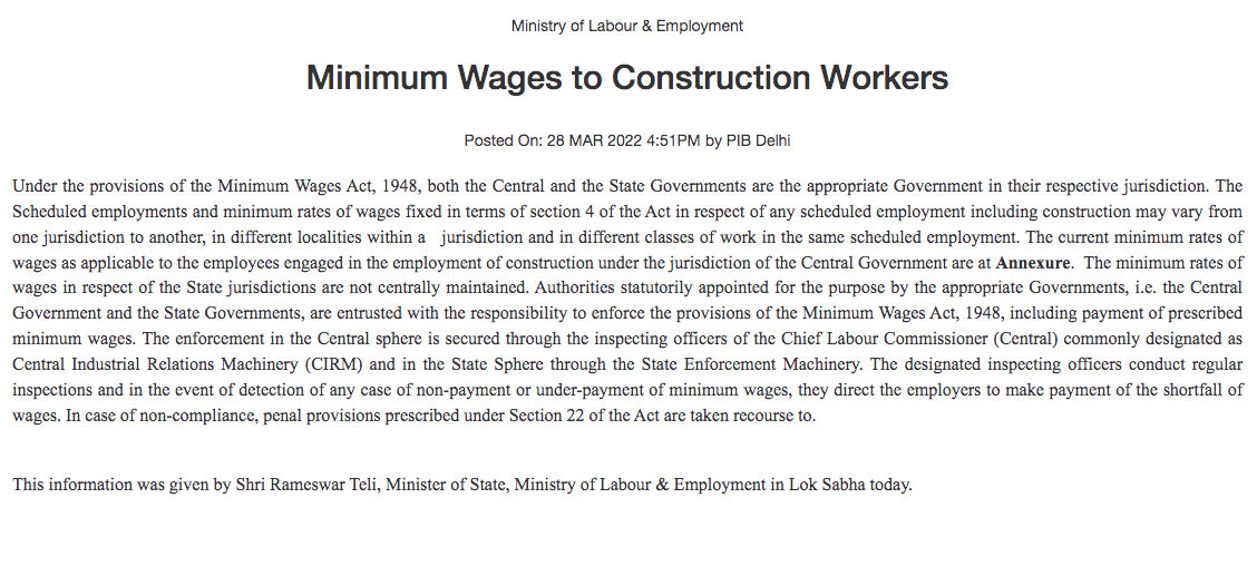 Minimum wages to construction workers