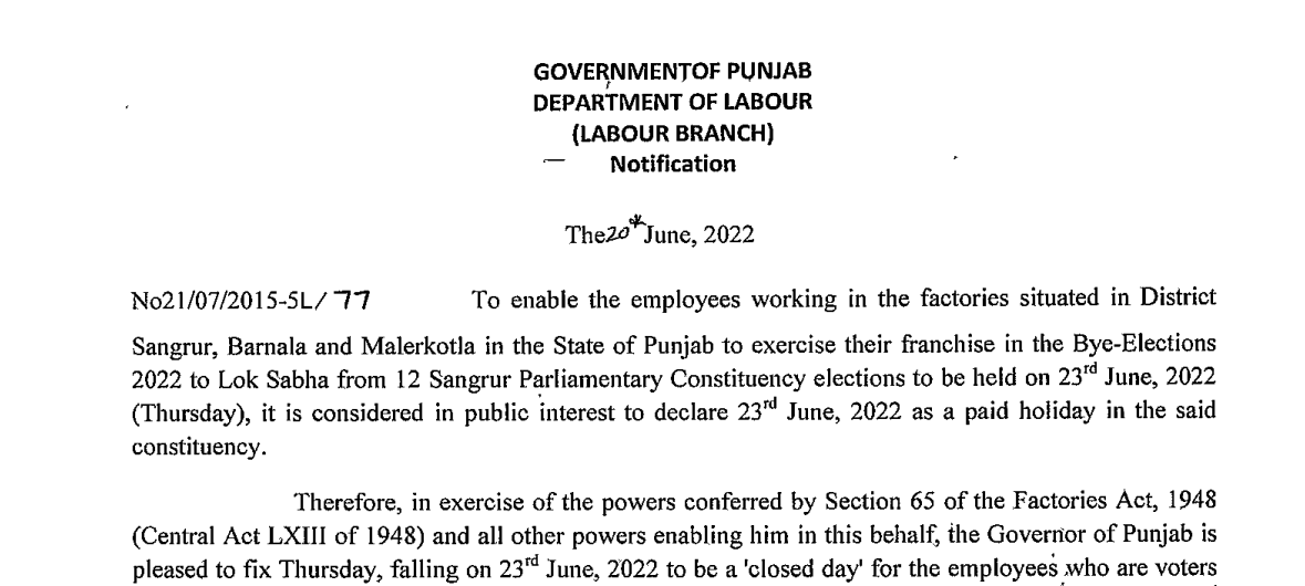 Punjab Bye elections to Lok Sabha from 12 Sangrur Parliamentary Constituency elections to be held on 23rd June 2022 (Thursday)