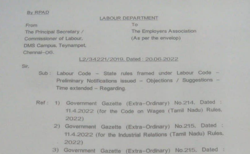 Notification - Extension of the Timeline of the pre-published Labour Code