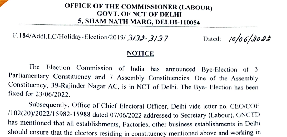 The Election Commission of India has announced Bye-Election of 3 Parliamentary Constituencies and 7 Assembly Constituencies. One of the Assembly Constituencies, 39-Rajinder Nagar AC, is in the NCT of Delhi.