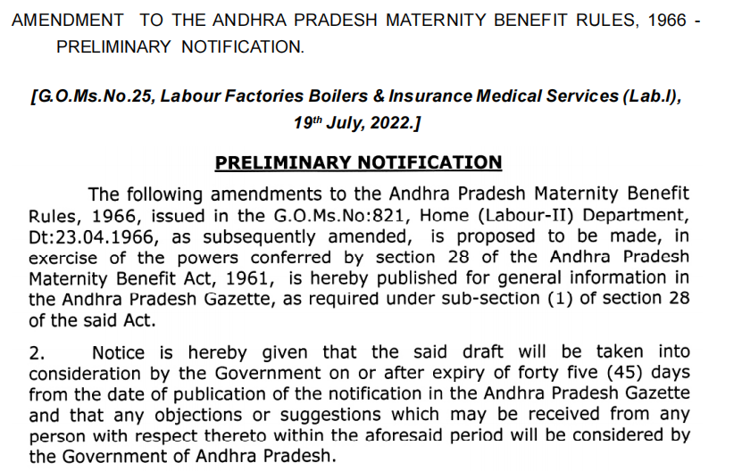 Amendment to the Andhra Pradesh Maternity Benefit Rules,1966- 19/07/22