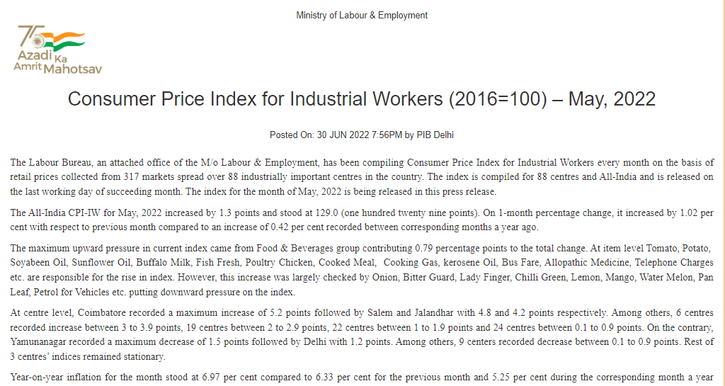 Consumer Price Index for Industrial Workers (2016=100) – May 2022