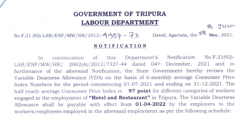 Government of Tripura - Revision of Minimum Wages for various sectors