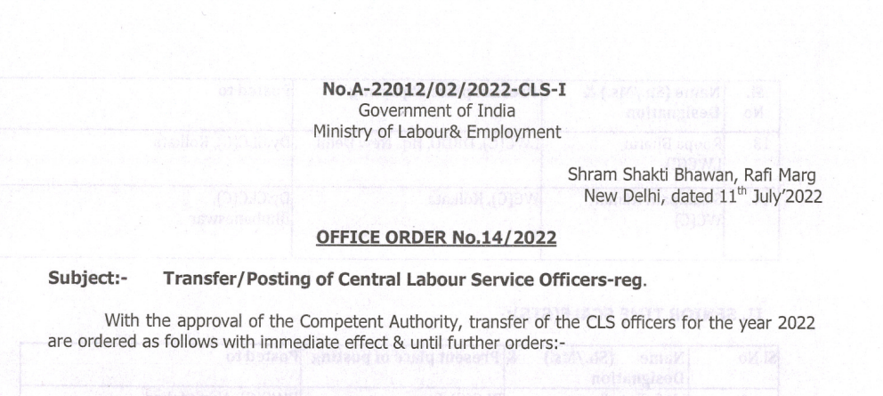 Ministry of Labour &Employment-Transfer/Posting of central labour Service