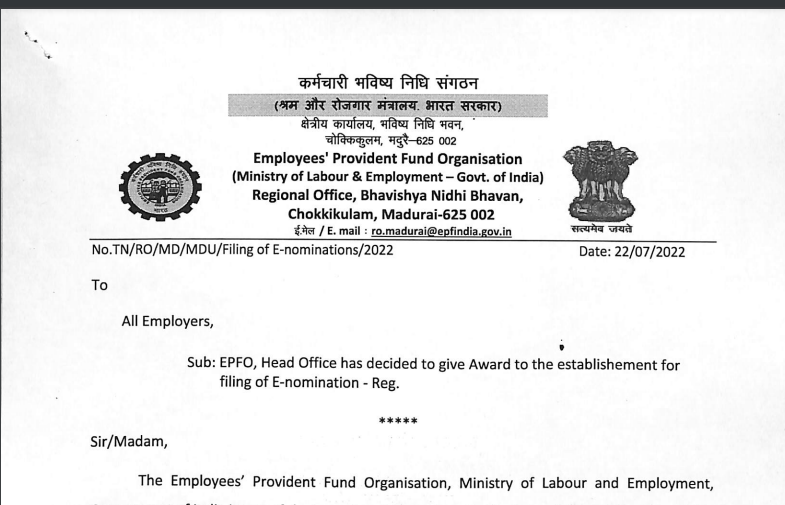EPFO, Head Office has decided to give an Award to the establishment for filing of E - nomination - H
