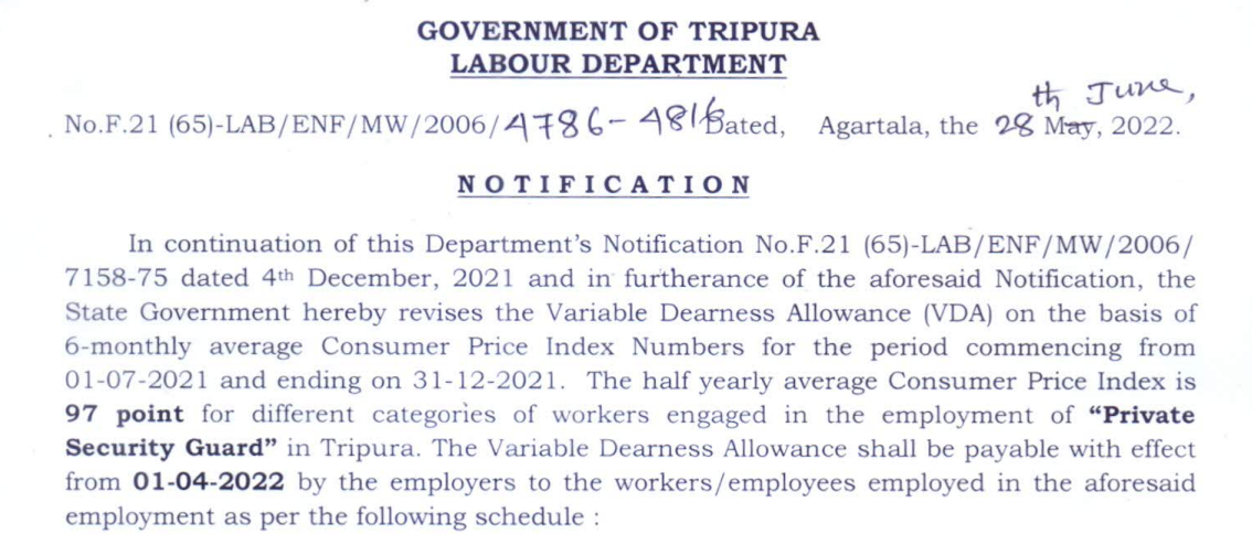 Tripura minimum wages revision for private security guards and shops and establishments