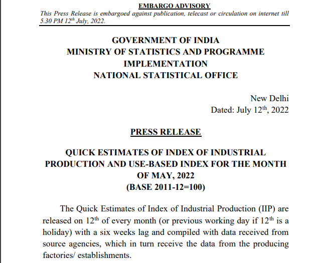 MINISTRY OF STATISTICS AND PROGRAMME IMPLEMENTATION NATIONAL STATISTICAL OFFICE Dated the 12th July 2022