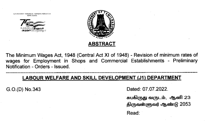 Shops and Establishments of Tamil Nadu - Revision of Minimum Rates