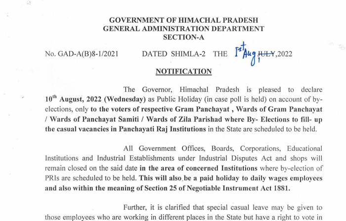 Governor of Himachal Pradesh declares holiday for the by-election, to the voters of respective Gram Panchayats on Wednesday 10th August 2022 to fill up the casual vacancies in Panchayati Raj Institutions in the State