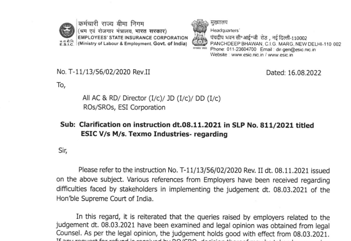 ESIC - conveyance for contribution – clarification on instruction dated 8/11/21 in SLP No.811/2021 titled ESIC versus TEXMO Industries - 16th August 2022 
