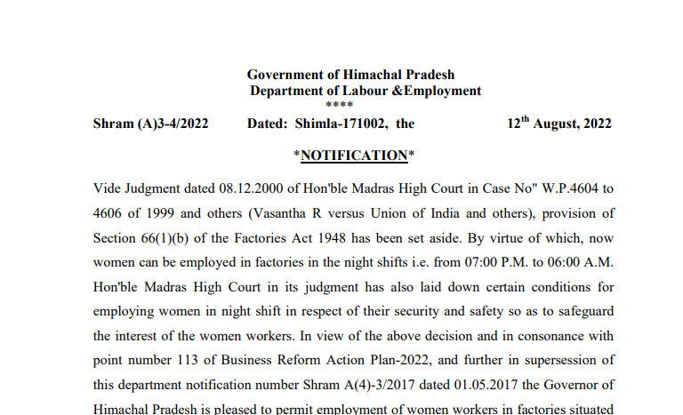 The State Government of Himachal Pradesh issues notification for granting exemption to women working the night shift listing out terms and conditions