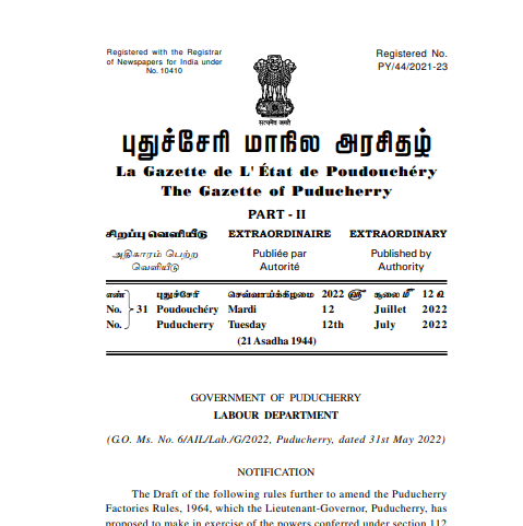 Puducherry Factories (Amendment) Rules, 2021 - 31st May 2022