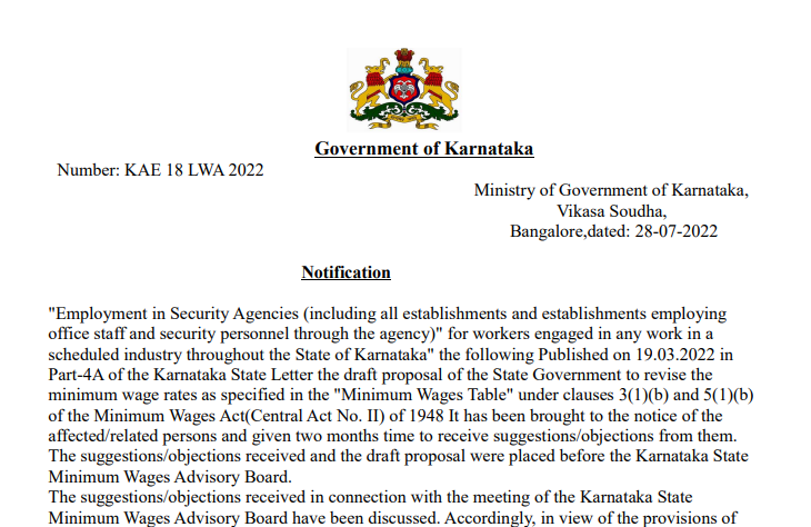 Employment in Security Agencies for workers engaged - 28th July 2022 