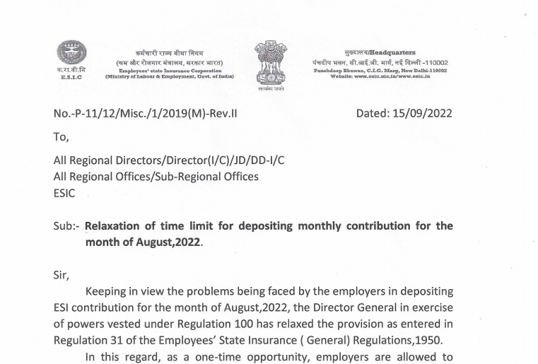 Relaxation of time limit for depositing monthly contribution - 15th Sept 2022