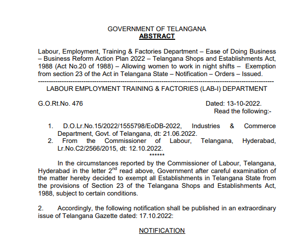 The State Government of Telangana issues notification - 13th Oct, 22 