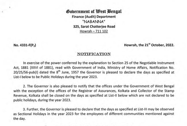 HOLIDAYS 2023 – Announced by The West Bengal Govt - 21st Oct,22