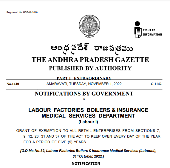 The State Government of Andhra Pradesh issues notification - 1st Nov,22