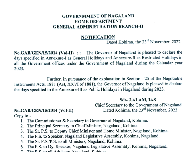 Government of Nagaland declaration of public holidays for the year 2023 - Karma Global