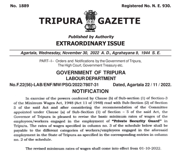 The Government of Tripura has revised the rates of minimum wages with effect from 1st October, 2022 - Karma Global