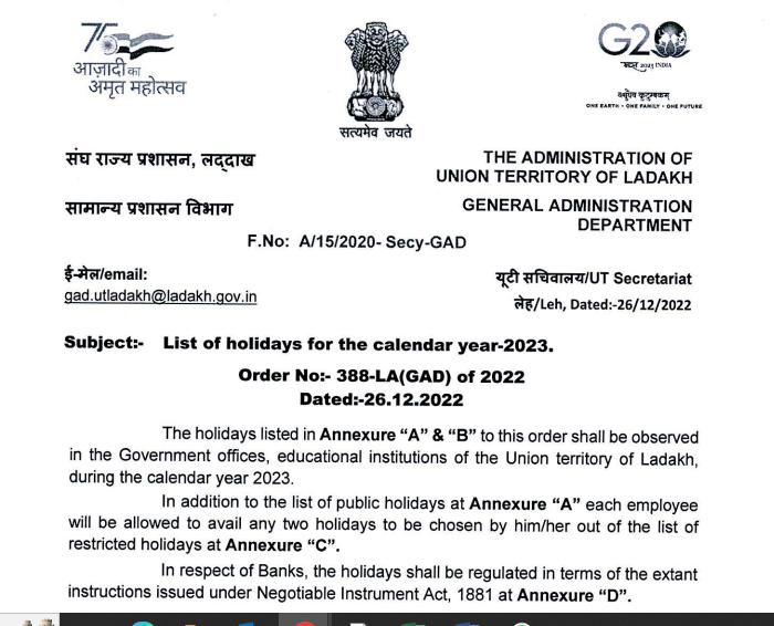 Government of Ladakh declaration of public holidays for the year 2023 - Karma Global