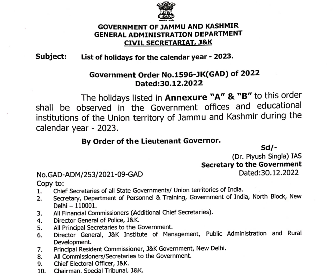 Government of Jammu & Kashmir declaration of public holidays for the year 2023 - Karma Global