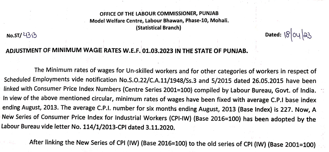 Adjustment of Minimum Wage rates wef 132023 in the State of Punjab - Karma Global