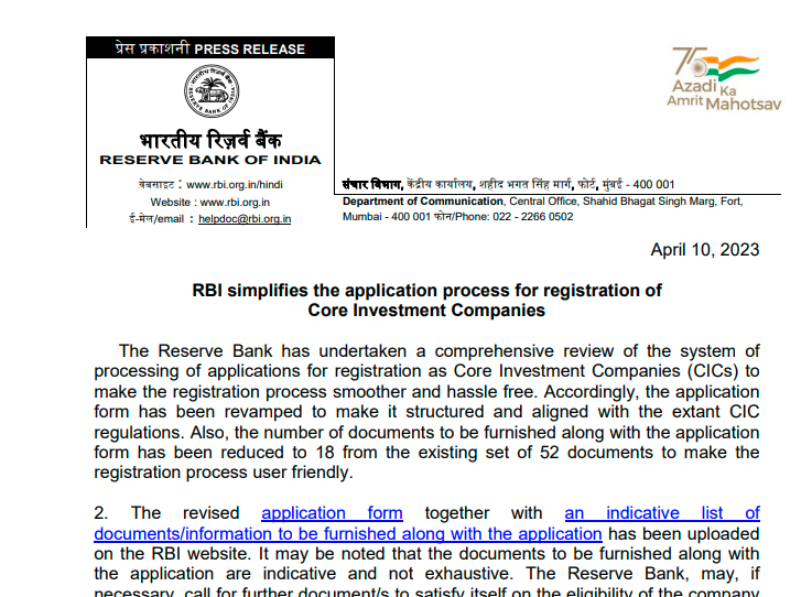 RBI simplifies the application process for the registration of Core Investment Companies - Karma Global