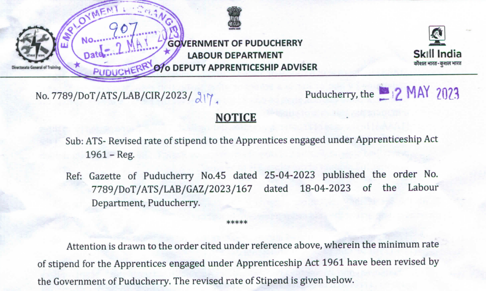 Puducherry-Revised-rate-of-stipend-to-the-Apprentices-engaged-under-Apprenticeship-Act-1961-Karma-Global
